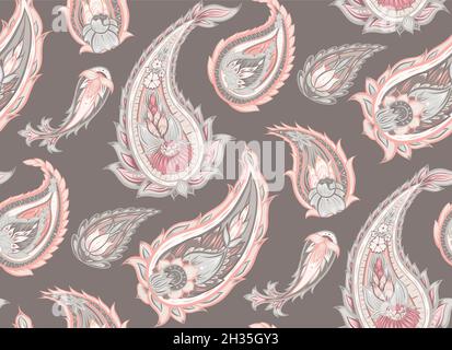 Nahtlos in sanftem Paisley-Muster. Zarte Stammesblüten-Textur auf grauem Hintergrund. Indisches Ornament. Vektor-Boho-Dekoration Stock Vektor