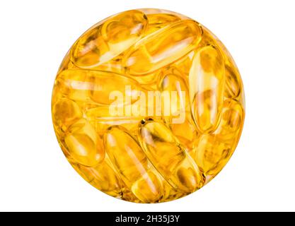 Fischöl orange gelbe Softgels Kapseln Fischöl Omega 3 im Kreis - Ansicht des Apothekenglases von oben isoliert auf weißem Hintergrund. Gesunde Ernährung c Stockfoto