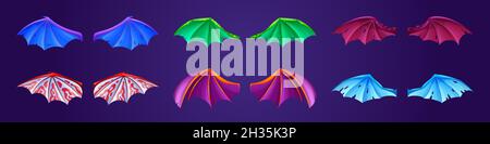 Dragon Wings verschiedene Farben auf Hintergrund isoliert. Vektor-Cartoon-Set von niedlichen Lederflügel der Fledermaus, Fantasy-Tier oder Monster, Märchen fliegende Kreatur, Teufel oder Vampir Stock Vektor