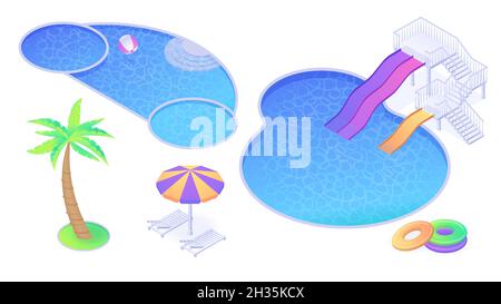 Isometrischer Swimmingpool, Rutschen, Palmen und Sonnenschirm mit Liegestühlen, aufblasbaren Ringen und Ball. Sommer Strand oder Hotel Artikel für Wasserpark Spaß Unterhaltung, 3d-Vektor-Illustration, Ikonen-Set Stock Vektor