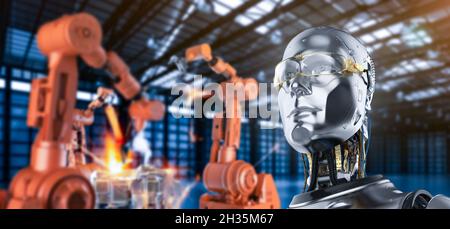 Automation Factory Konzept mit 3d Rendering künstlicher Roboter mit Roboterarm in der Fabrik Stockfoto