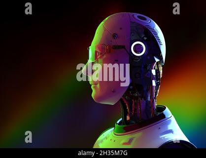 3d-Rendering von Robotern für künstliche Intelligenz oder Cyborg-Porträts Stockfoto