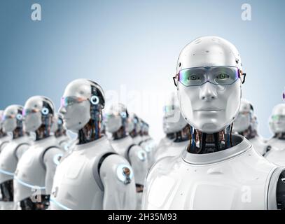 3d-Rendering-Gruppe von Robotern oder Cyborgs mit künstlicher Intelligenz Stockfoto