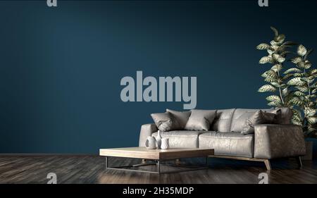 Moderne Innenarchitektur des Wohnzimmers mit grauem Ledersofa gegen dunkelblaue Wand 3d-Rendering Stockfoto