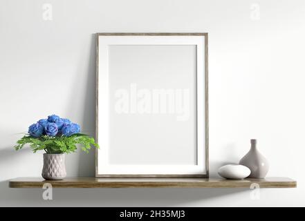 Mock up Poster Rahmen auf Holzregal mit Strauß von blauen Rosen und Vasen über weiße Wand, Innendekoration Hintergrund 3d-Rendering Stockfoto