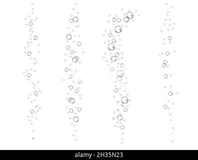 Unterwasserblasen von spritzendem Soda. Luftströme. Auflösen von Tabletten. Realistischer Sauerstoff Pop in Brausetrink. vector funkelt auf weiß Stock Vektor