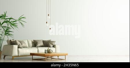 Moderne Innenarchitektur des Wohnzimmers mit hellgrünem Ledersofa gegen grüne Wand 3d-Rendering Stockfoto