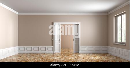Klassisches Interieur eines leeren Apartments, Türfenster, beigefarbene Wände mit weißer Verkleidung und Holzparkettboden in 3d-Darstellung Stockfoto