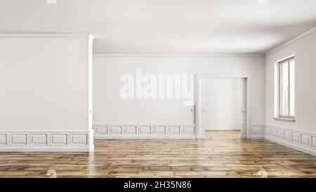 Klassische Inneneinrichtung einer leeren Wohnung mit zwei Zimmern, Wohnzimmer mit offener Tür, Fenster, weißen Wänden mit Täfelung und Holzparkettboden Stockfoto