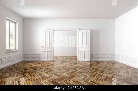 Klassisches Interieur eines leeren Apartments mit zwei Zimmern, Wohnzimmer mit geöffneten Türen, Fenster, weißen Wänden mit Täfelung und braunem Parkettboden Stockfoto