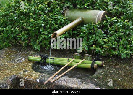 Traditionelle Wasserquelle mit Bambuspfannen in Japan. Temizu-ya ist ein Shinto-Wasserpavillon für einen zeremoniellen Reinigungsritus, der als Temizu oder chōzu bekannt ist Stockfoto