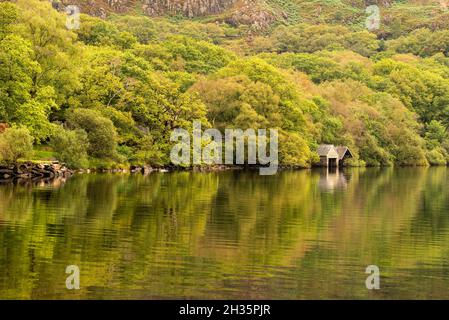 Reflexionen, die an einem frühen Herbsttag in Llyn Dinas, Gwynedd Snowdonia Wales, Großbritannien, festgehalten wurden Stockfoto