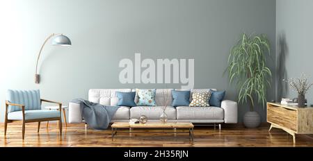 Moderne Innenarchitektur der Wohnung, Wohnzimmer mit grauem Sofa, Sideboard und blauen Sessel 3d-Rendering Stockfoto