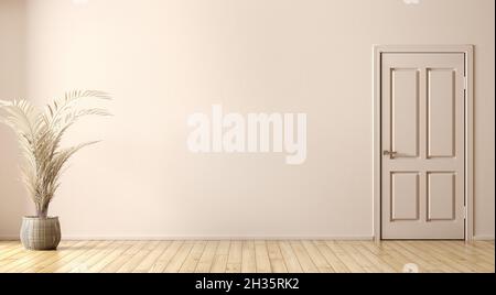 Leerer Raum Innenraum Hintergrund, Tür, beige Wand, Vase mit Zweig auf dem gelben Parkett 3D-Rendering Stockfoto