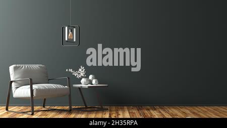 Innenhintergrund des Wohnzimmers mit schwarz weißem Couchtisch, Metalllampe und grauem Sessel gegen schwarze Wand 3d-Rendering Stockfoto