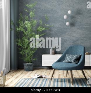 Blauer Sessel gegen weiße Kommode im modernen Wohnzimmer. Gemütliches Wohndesign mit blauer Stuckwand, Fenster mit Vorhang, Pflanze und gestreift Stockfoto