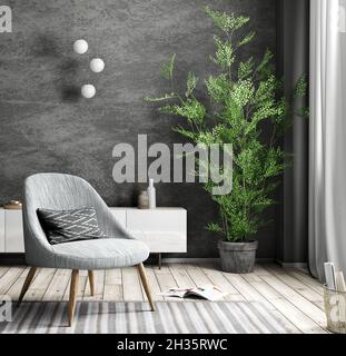 Interieur des Wohnzimmers mit grauem Sessel und weißem Schrank gegen schwarze Stuckwand, Heimdesign 3d-Rendering Stockfoto