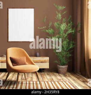 Innenausstattung des Wohnzimmers mit orangefarbenem Sessel und Aufdruck-Poster, modernes Wohndesign. 3d-Rendering Stockfoto