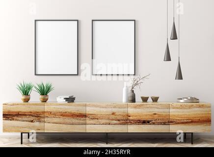 Moderne Innenausstattung des Wohnzimmers mit hölzerner Kommode über weißer Wand mit Mockup-Postern, Heimdesign 3d-Rendering Stockfoto