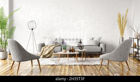 Modernes Interieur der Wohnung mit weißen Wänden. Gemütliches Wohnzimmer mit grauem Sofa, Couchtischen und blauen Sesseln. Modernes Wohndesign. 3d-Renderi Stockfoto