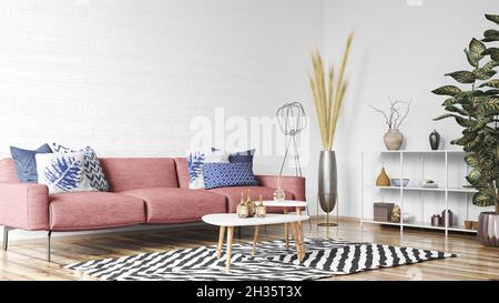 Rotes Sofa im modernen skandinavischen Wohnzimmer mit weißen Stuckwänden. Modernes Innenraumdesign mit Couchtischen und Konsole. 3d-Rendering Stockfoto