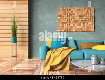 Inneneinrichtung des modernen Wohnzimmers mit türkisfarbenem Sofa und mehrfarbigen Kissen. Holztäfelung und blaue Stuckwände mit Holzdekor. Heimdesi Stockfoto