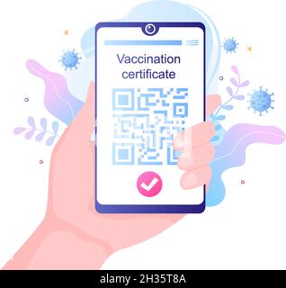 Covid-19 Impfzertifikat-Symbol mit einem Dokument als Nachweis der Impfung in Form einer Karte oder eines Scans auf einem Smartphone. Hintergrundvektor Il Stock Vektor
