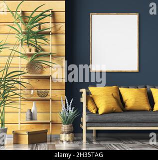 Interior Design des modernen Wohnzimmers mit schwarzem Sofa und gelben Kissen über der dunkelblauen Wand mit Poster, Holztäfelung, Home Design 3d Render Stockfoto