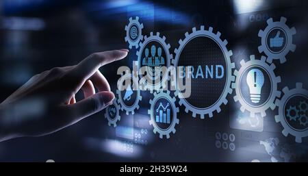 Markenwörter Cloud auf virtuellem Bildschirm. Branding-, Marketing- und Werbekonzept. Stockfoto