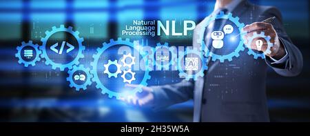 NLP Natural Language Processing Konzept. Neuronales Netzwerk der künstlichen Intelligenz. Stockfoto