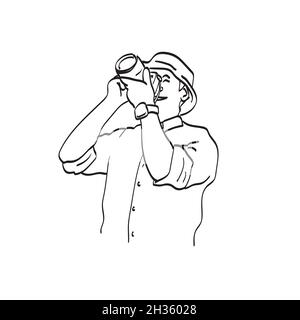 Line Art lächelnder Fotograf, der mit einem professionellen Vektor für Kamerabillustration fotografiert, der auf weißem Hintergrund isoliert ist Stock Vektor
