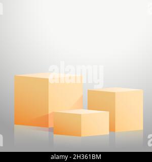 Realistische gelbe Würfel - Boxen auf grauem Studiohintergrund - Vektorgrafik Stockfoto