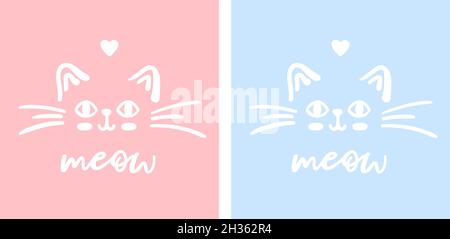 Set aus zwei niedlichen Katzengesichtern Miow Vektor Doodle Illustration isoliert auf blauem und rosa Hintergrund mit Schriftzug Miow. Kinder Babykrippe Pastell Poster für Jungen oder Mädchen. Stock Vektor