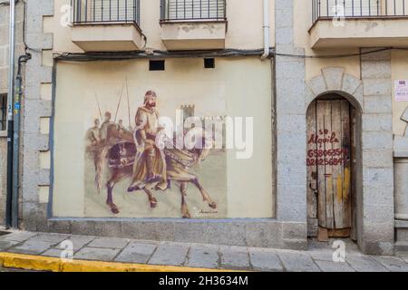 AVILA, SPANIEN - 19. OKTOBER 2017: Wandbild eines mittelalterlichen Reiters in Avila. Stockfoto