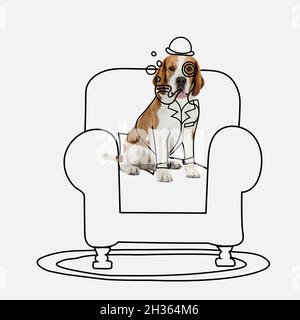 Zeitgenössische Kunstwerke. Ein süßer Hund, Beagle sitzt und raucht Pfeife isoliert auf weißem Studiohintergrund. Stockfoto