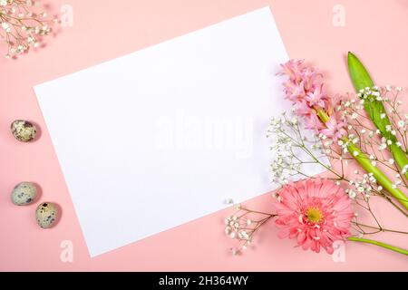 Ostern festliche Grußkarte mit weißem Blatt mit Platz für Text und Ostersymbole Eier und Frühlingsblumen auf pastellrosa. Festliches Arrangement. Stockfoto