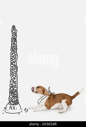 Zeitgenössische Kunstwerke. Ein süßer Hund, Beagle Verkostung riesigen Berg von Futter isoliert auf weißem Studio Hintergrund. Stockfoto