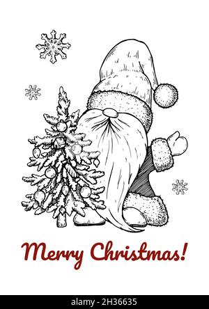 Handgezeichnete Weihnachtskarte mit Weihnachtsmann und Weihnachtsbaum. Vektorgrafik im Skizzenstil Stock Vektor