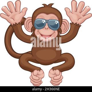 Monkey Sonnenbrille Cartoon Tier Maskottchen Winken Stock Vektor