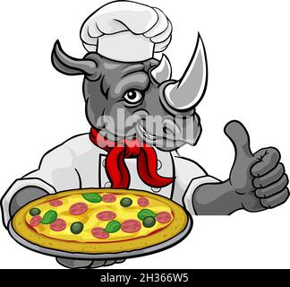 Rhino Pizza Chef Cartoon Restaurant Maskottchen Zeichen Stock Vektor