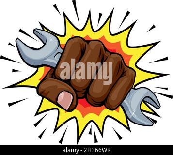 Schraubenschlüssel Fist Hand Explosion Pop Art Cartoon Stock Vektor