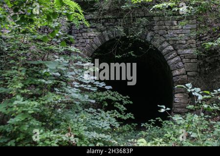 Hunedoara, Rumänien, 6. September 2009: Eine verlassene Dampf Zugtunnel in den Bergen von Hunedoara. Stockfoto