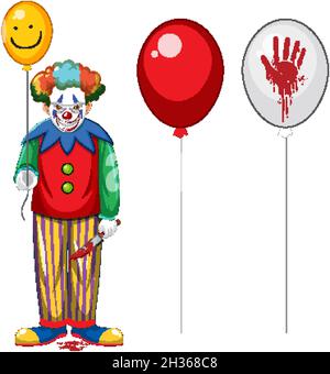 Scary Clown hält Ballon auf weißem Hintergrund Illustration Stock Vektor