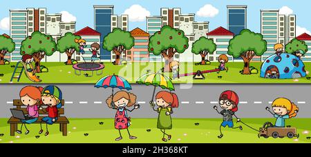 Outdoor-Szene mit vielen Kindern spielen im Park Illustration Stock Vektor