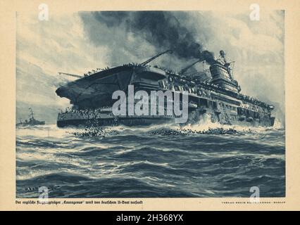 Eine Vintage-Illustration um 1941 des britischen Flugzeugträgers HMS Courageous Sinking nach dem deutschen U-Boot U-29, kommandiert von Kapitän-Lieutenant Otto Schuhart, schlug sie am 17. September 1939 mit zwei Torpedos. Gemalt von Adolf Bock Stockfoto