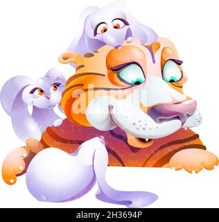 Cartoon Tiger kuschelt mit Hasen. Ein Cartoon-Kaninchen sitzt auf dem Kopf des Tigers. Imitation der Aquarellmalerei. Isoliert auf weißem Hintergrund. Stock Vektor