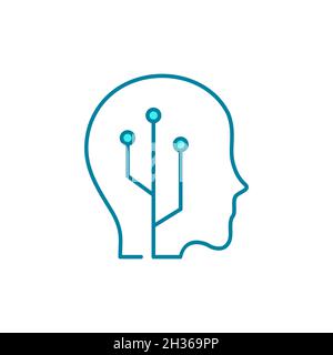 AI-Liniensymbol. Kopf mit Prozessor. Konzept der künstlichen Intelligenz. Symbol für humanoide Roboter. Gehirn mit integriertem Mikrochip. Idee des maschinellen Lernens. Stock Vektor