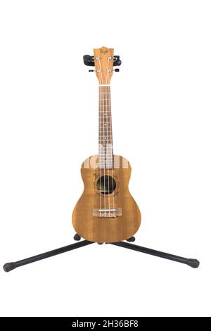 Neue Ukulele-Gitarren auf weißem Hintergrund Stockfoto