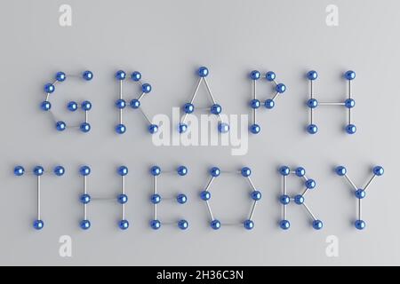3D-Illustration der Drehbuch-GRAPH-THEORIE, bestehend aus Buchstaben, von denen jeder ein Ggraph mit blauen Murmeln durch metallische Zylinder verbunden ist. Stockfoto