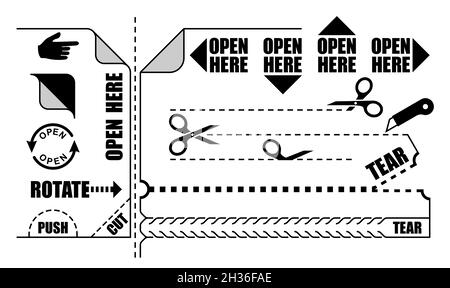 Vektorset mit „Hier öffnen“-Etikett, Reißstreifen, Druckschild, Schnittlinie, Pfeil drehen, Eckaufkleber mit einfachen Illustrationen von Schere, Messer, Reißverschluss, Punkt Stock Vektor